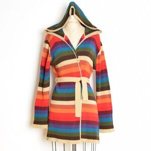 vintage Y2K rainbow cardigan sweater striped hooded wrap belted duster one size